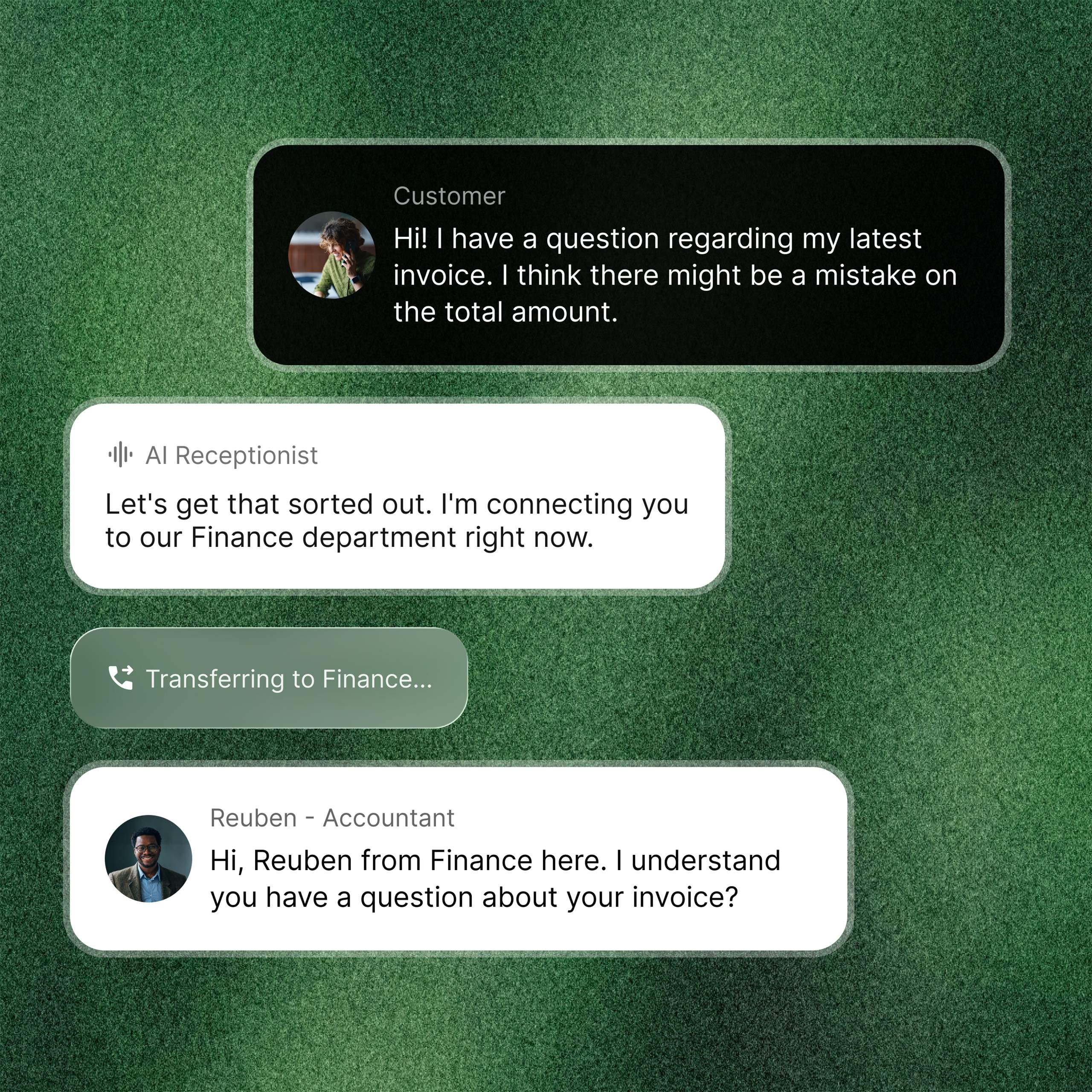 Moins de tâches manuelles signifie plus de temps pour autre chose. Si nécessaire, la réceptionniste IA transfère l’appel au bon service ou au collègue disponible.